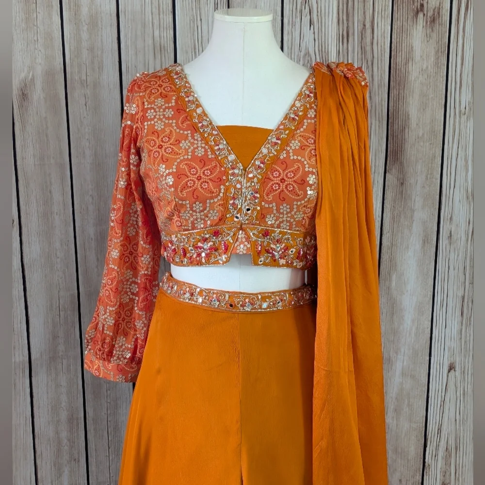 Orange Long Sleeves Crop Top, Palazzo and dupatta Set for Wedding Events - Picture 3 of 16